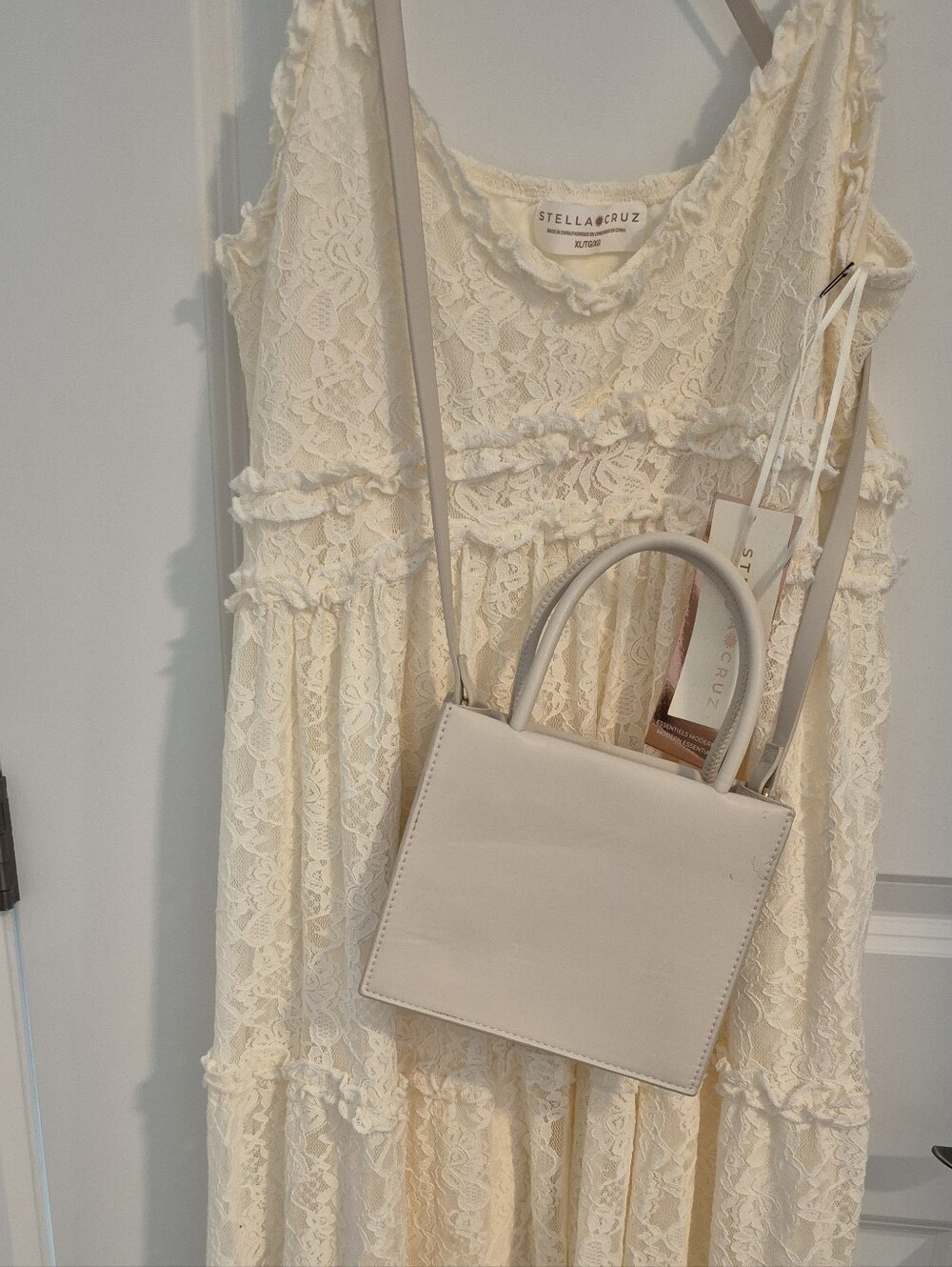 Stella Cruz Cream Lace Tiered Maxi Dress with Mini Tote